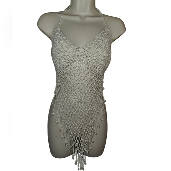 Hand Crafted Tan Crop-Top Fishnet triangular Design Hand Knit Crochet Swim Cover - Picture 3 of 17